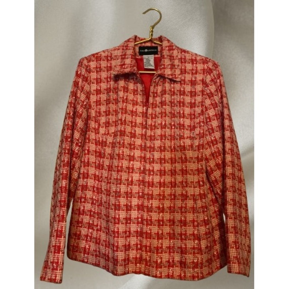 Sag Harbor Red Plaid Tweed Blazer Jacket Women Size 10 Metallic Accents